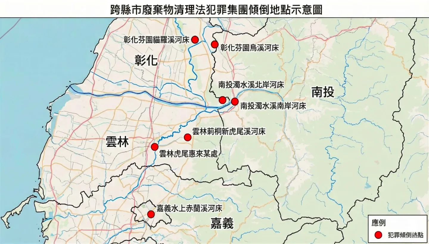 7座奧運泳池全是垃圾！台中「土尾集團」狠毒毀河川，傾倒範圍一次看。（圖／中檢提供）