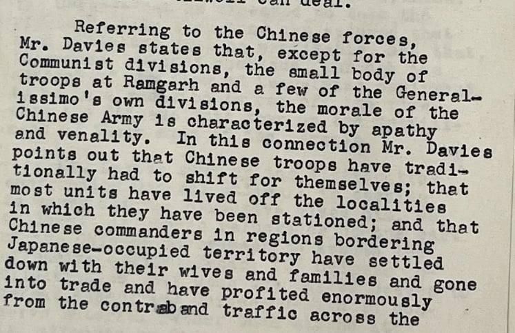 戴維斯認為除了共軍以及極少數黃埔系嫡系部隊外，絕大多數的中國軍隊尋求保存實力，不願對日軍作戰。（美國國家檔案館）