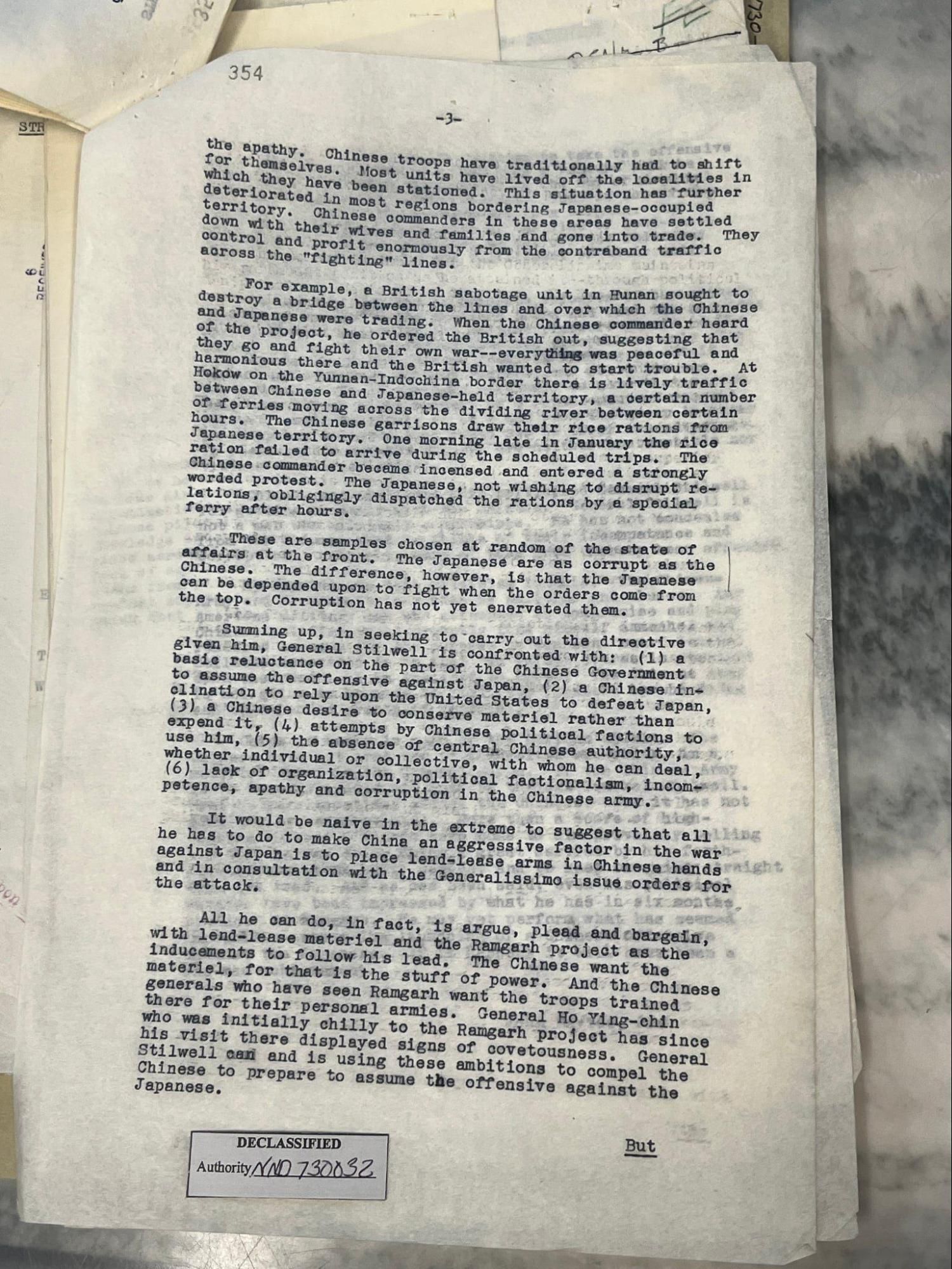 戴維斯給國務院的報告中，提及了國軍與日軍走私的情況，符合王正方導演的回憶。（美國國家檔案館）