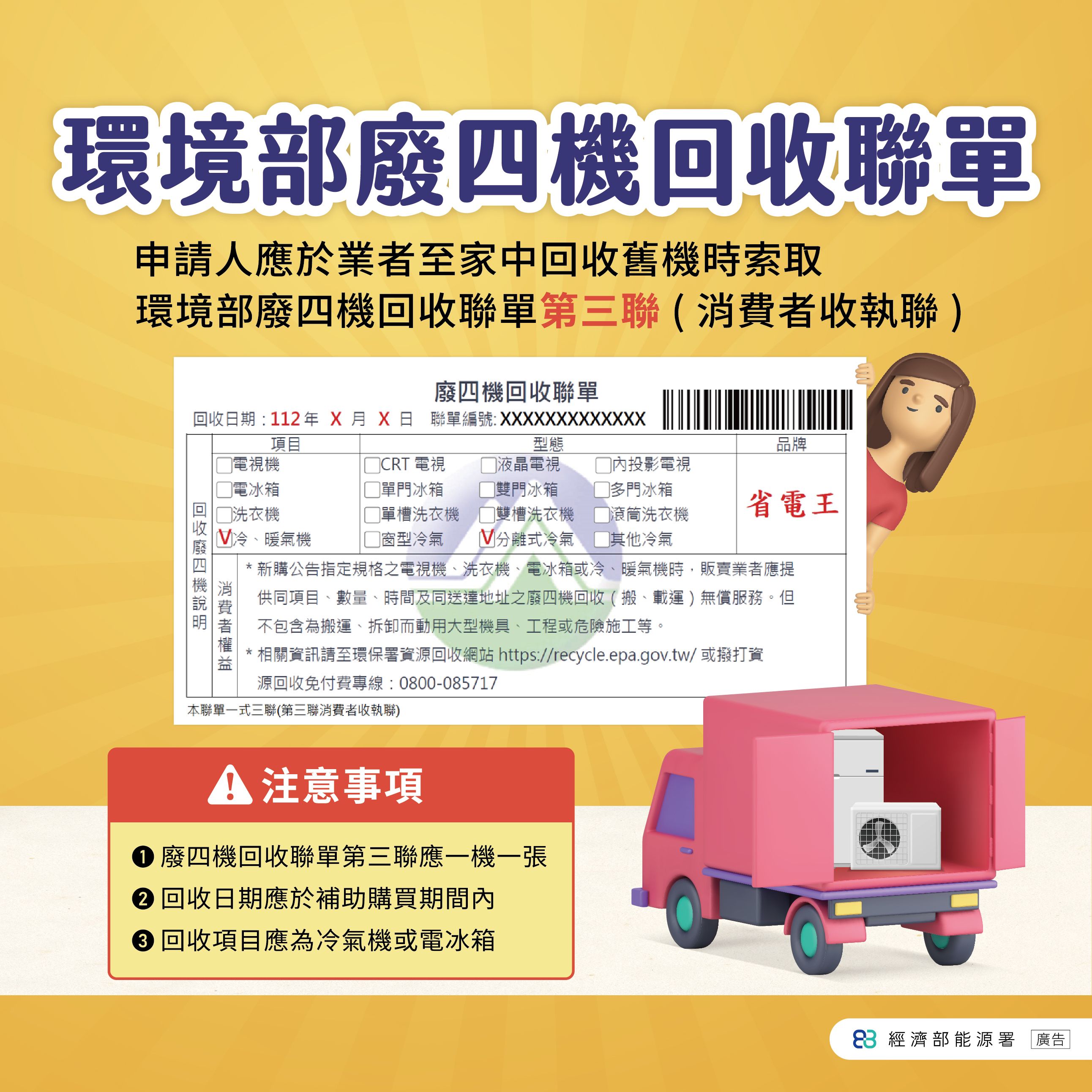 115年節能補助廢四機回收聯單。(圖/取自經濟部官網)