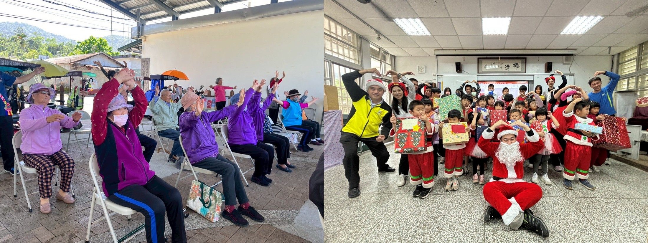 (左) 面對高齡化社會,星耀精準對接社區需求,年度開辦65場長照課程。(右)星耀守護老幼,號召員工投入社區服務,打造正向循環。