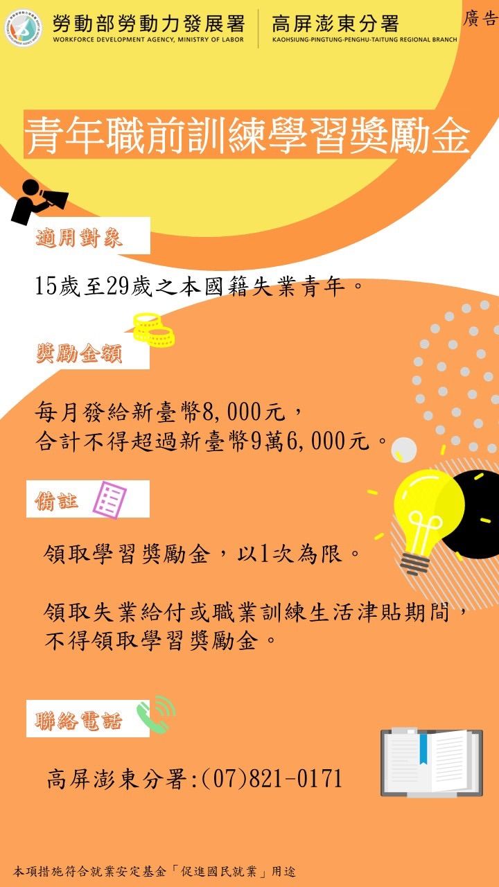 高分署推動青年職前訓練學習獎勵金，協助15歲至29歲之本國籍失業青年。（圖／勞動力發展署高屏澎東分署提供）