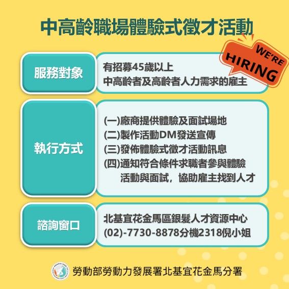 北分署推動中高齡職場體驗式徵才活動。（圖／勞動力發展署北分署提供）