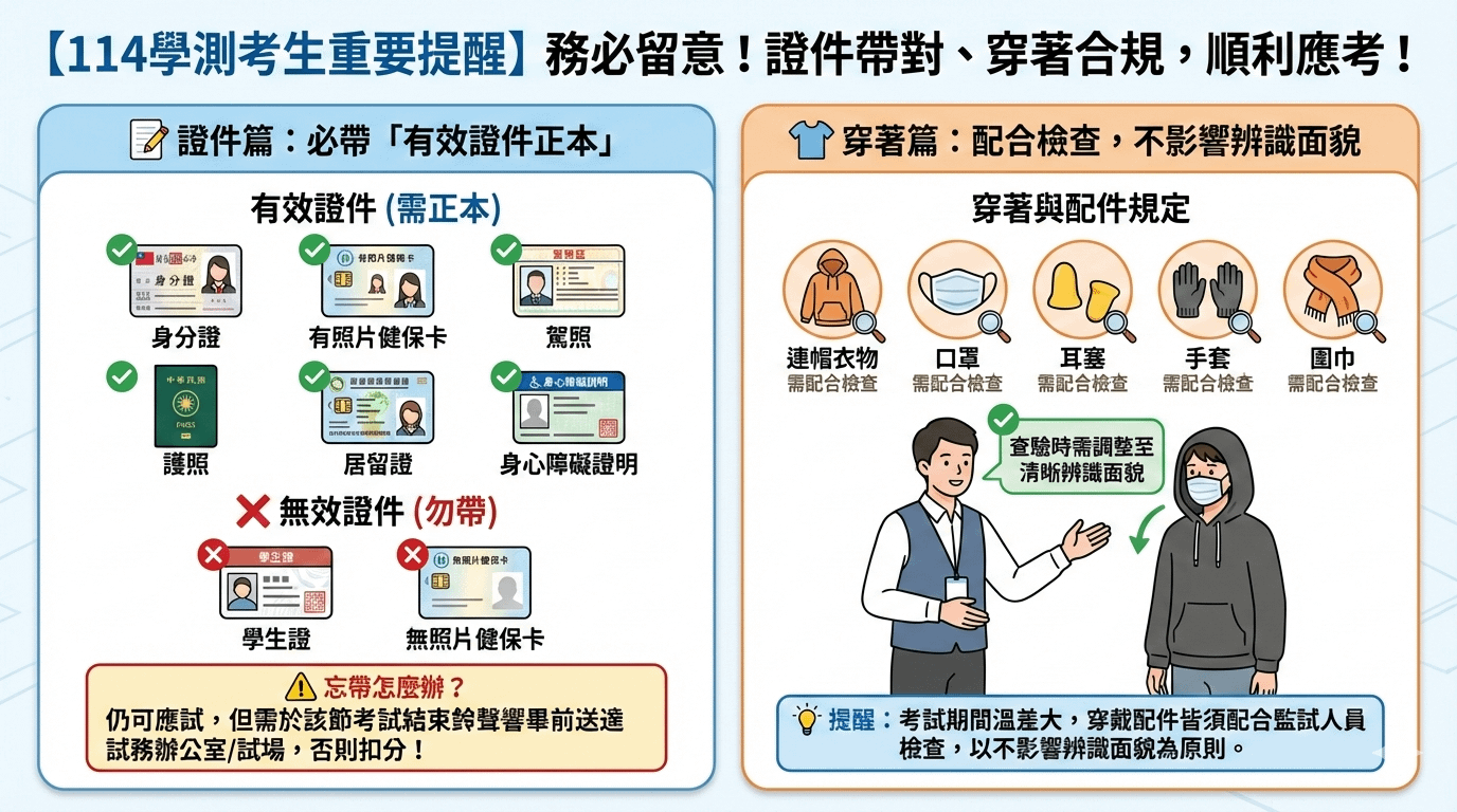 學測生注意！大考中心提醒應考攜帶證件及穿著注意事項。（AI生成圖）