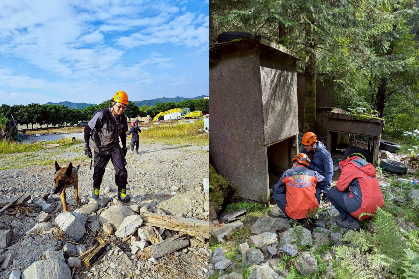 圖說: 領犬員帶著搜救犬 Aqua 在模擬災區的瓦礫堆中來回穿梭訓練，每一步都在為真正上戰場時，能更快找到受困者、守護更多生命做準備。（圖／新北市政府消防局提供）