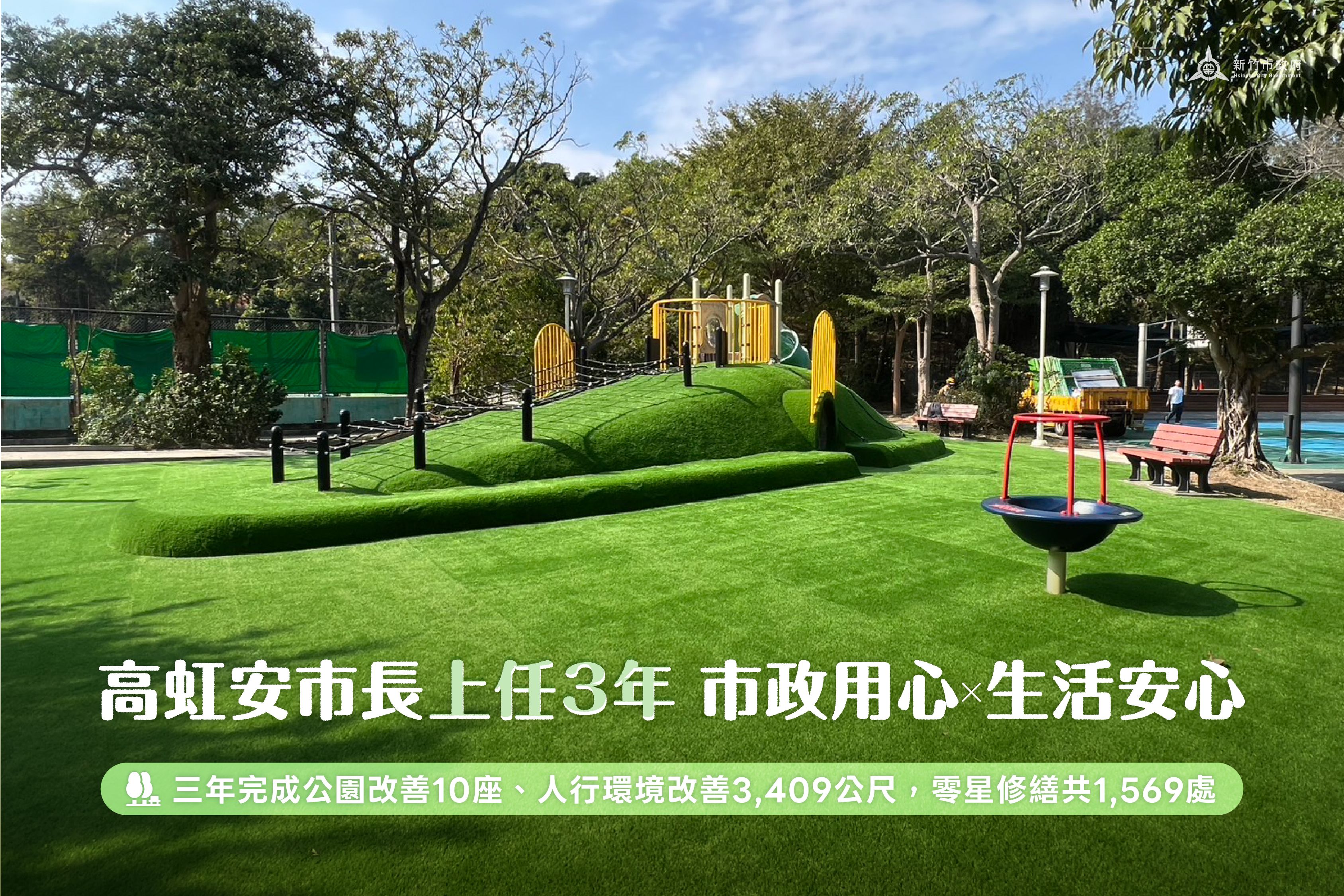 竹市府三年來完成公園改善10座、人行環境改善3,409公尺，打造更友善安全的公共空間。（圖／新竹市政府提供）