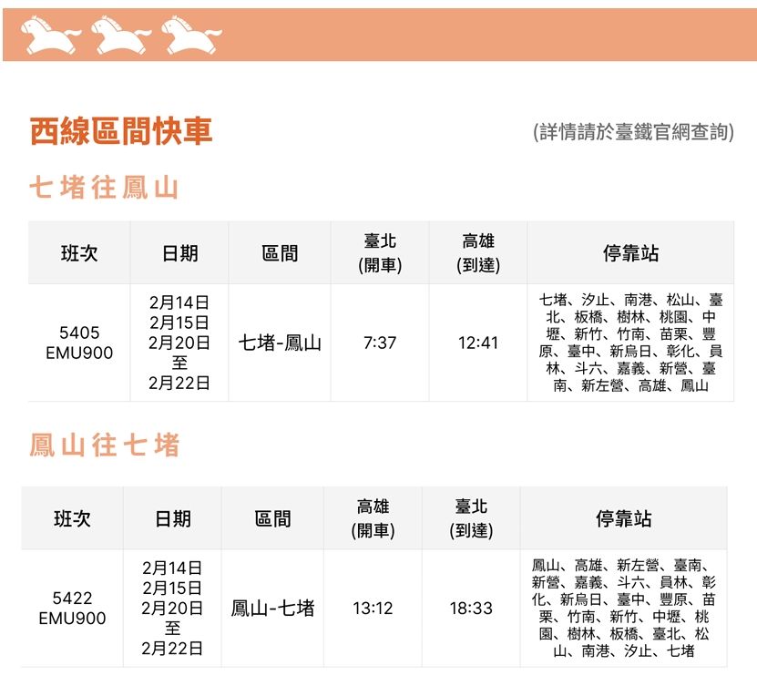 東線區間快車加開列車車次、時刻。（圖／翻攝自台鐵官網）