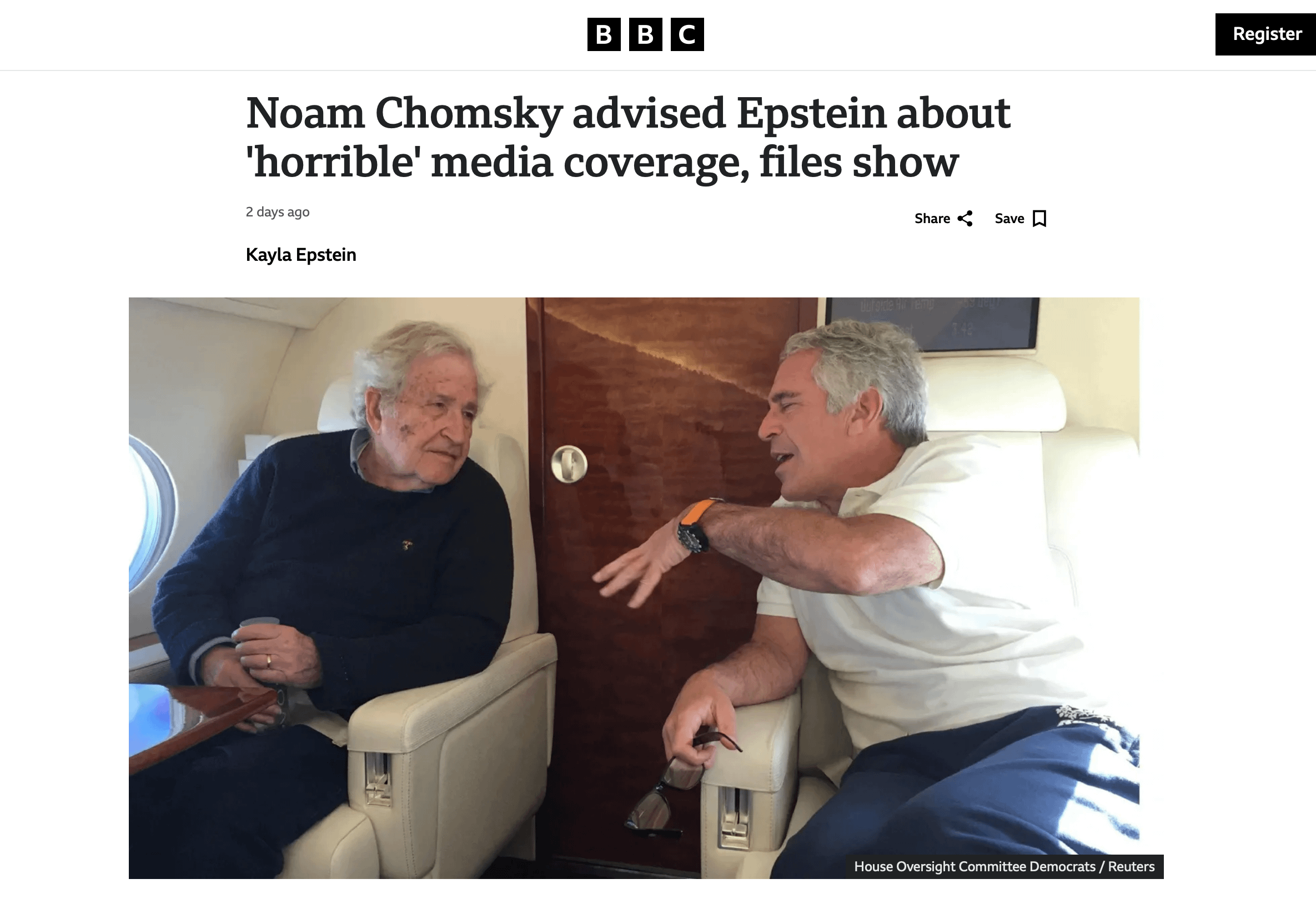 左派領袖杭士基（左）與金融富豪艾普斯坦（右）。（BBC官網）