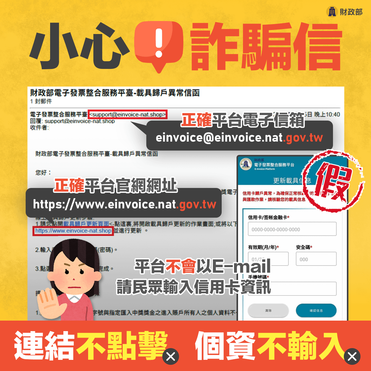 偽冒「電子發票整合服務平台」電子郵件，誘騙民眾點擊網址輸入信用卡資訊。（圖／取自財政部）