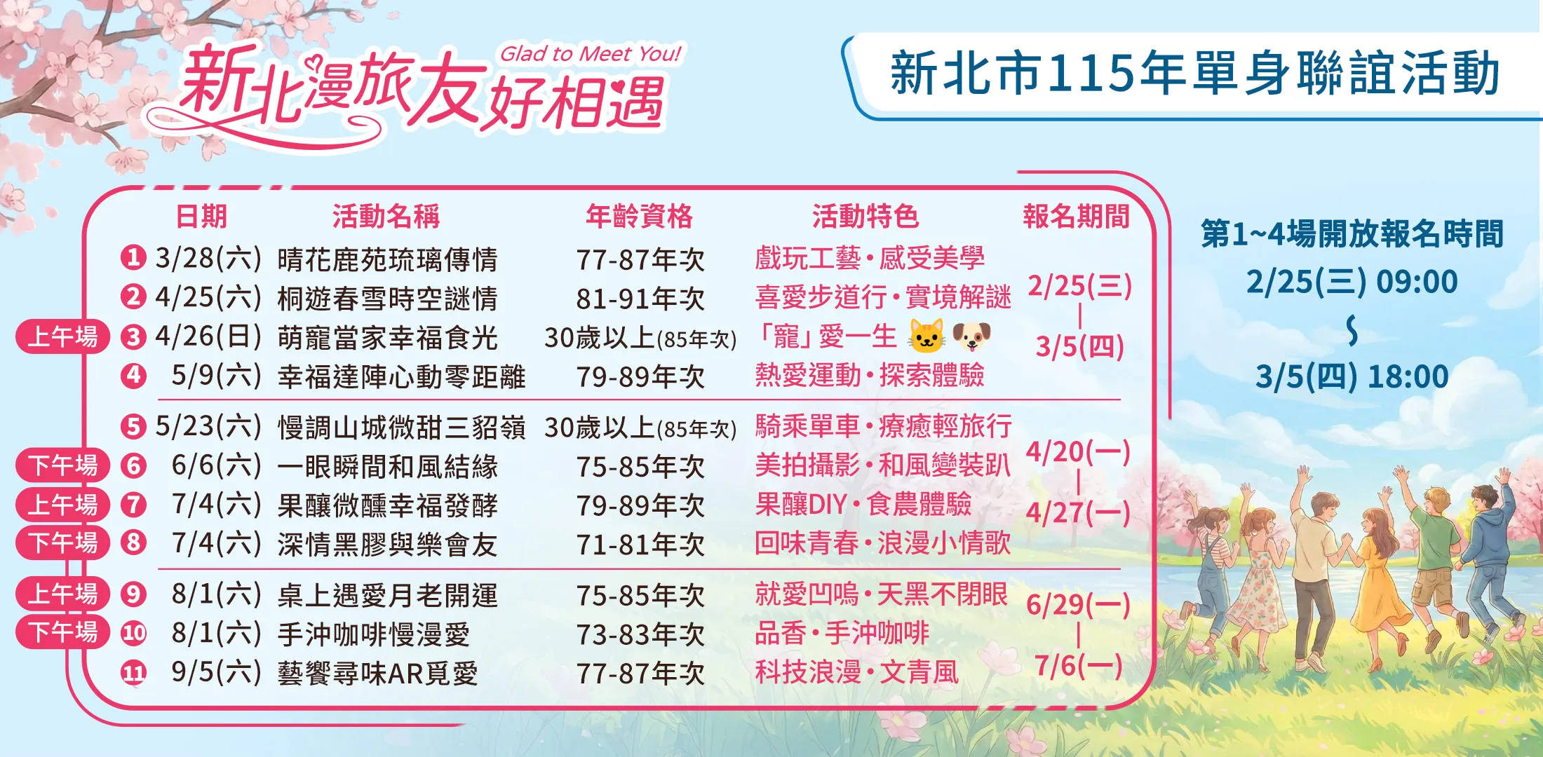 新北單身聯誼開跑，首波1至4場活動將於2月25日上午9時開放報名。圖/新北市政府民政局提供