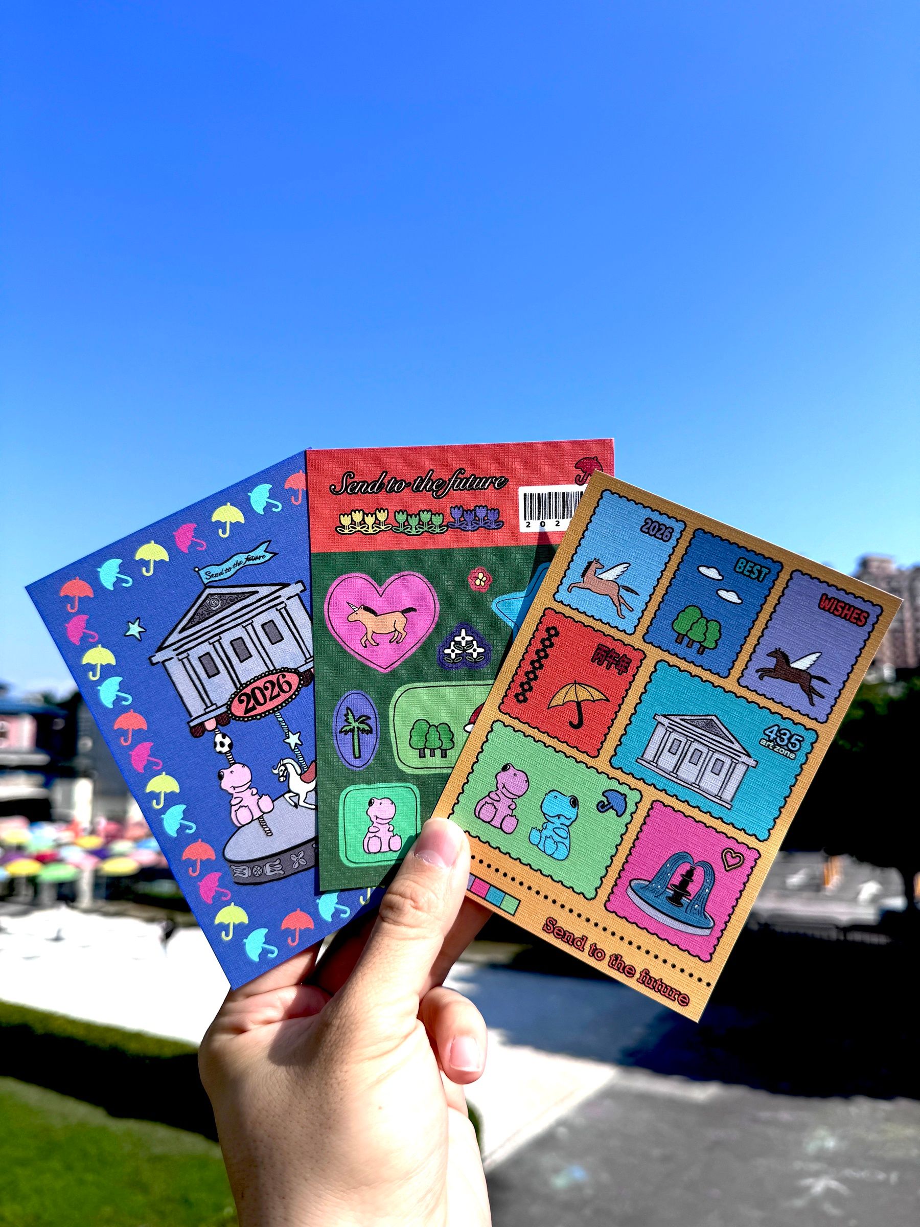 板橋435藝文特區推出的3款馬年未來明信片，邀請民眾寫下對未來的期許。（圖/新北市文化局提供）