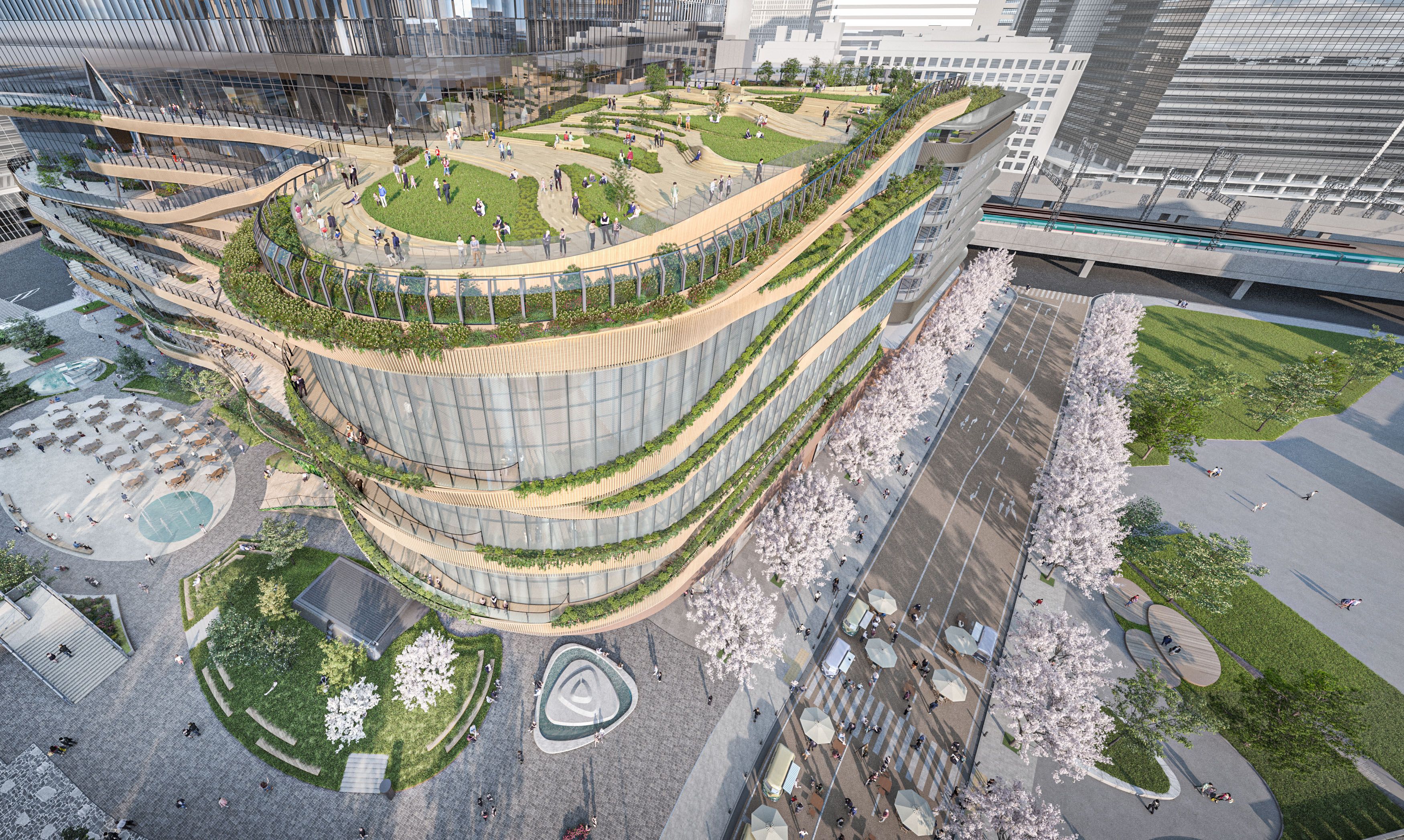 地上300メートルの空中公園や最高級ホテルの導入により、Torch Towerは自然と都市機能が調和する新たなウェルビーイングの形を提示する。提供：Mitsubishi Jisho Design