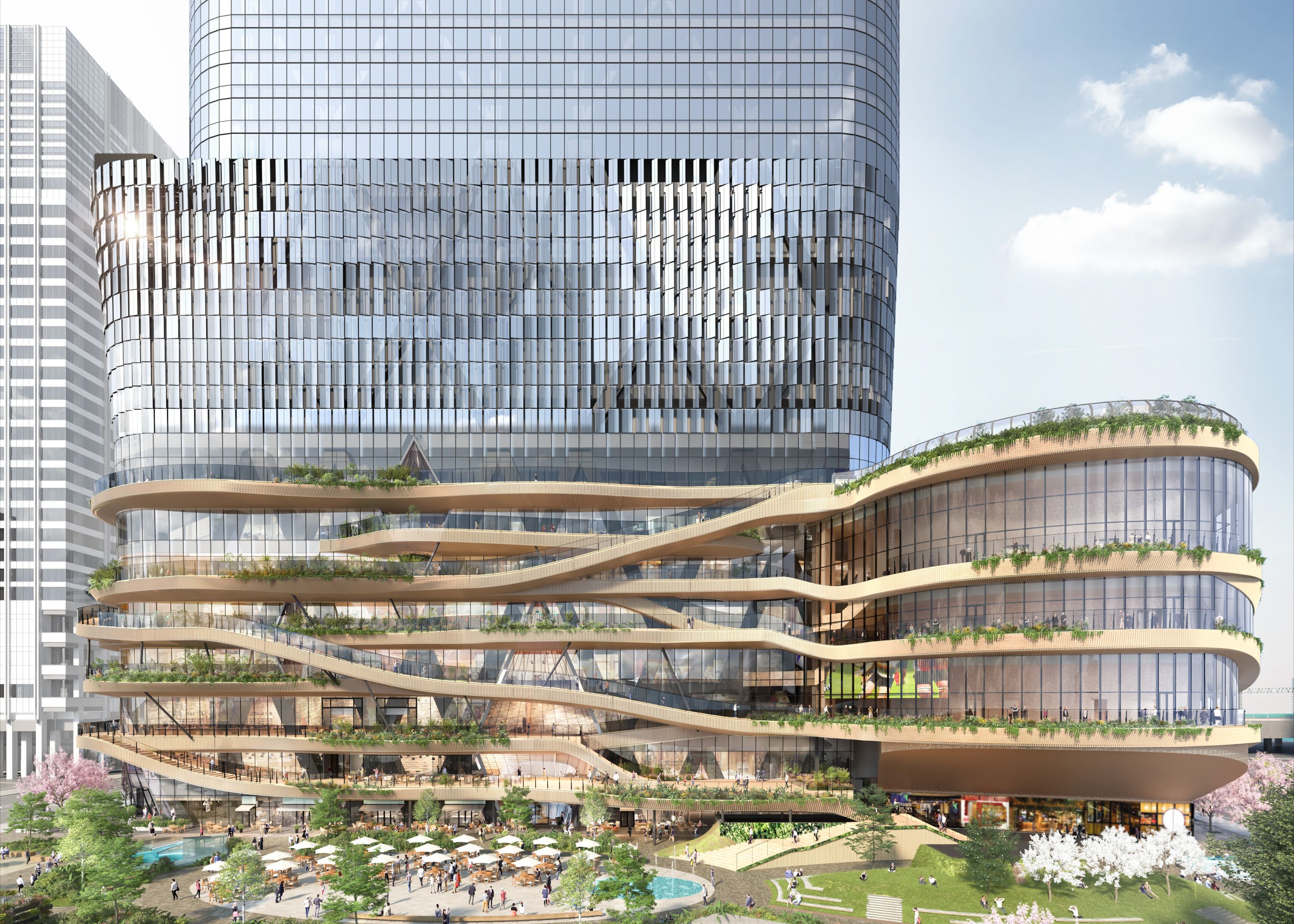 地上300メートルの空中公園や最高級ホテルの導入により、Torch Towerは自然と都市機能が調和する新たなウェルビーイングの形を提示する。提供：Mitsubishi Jisho Design