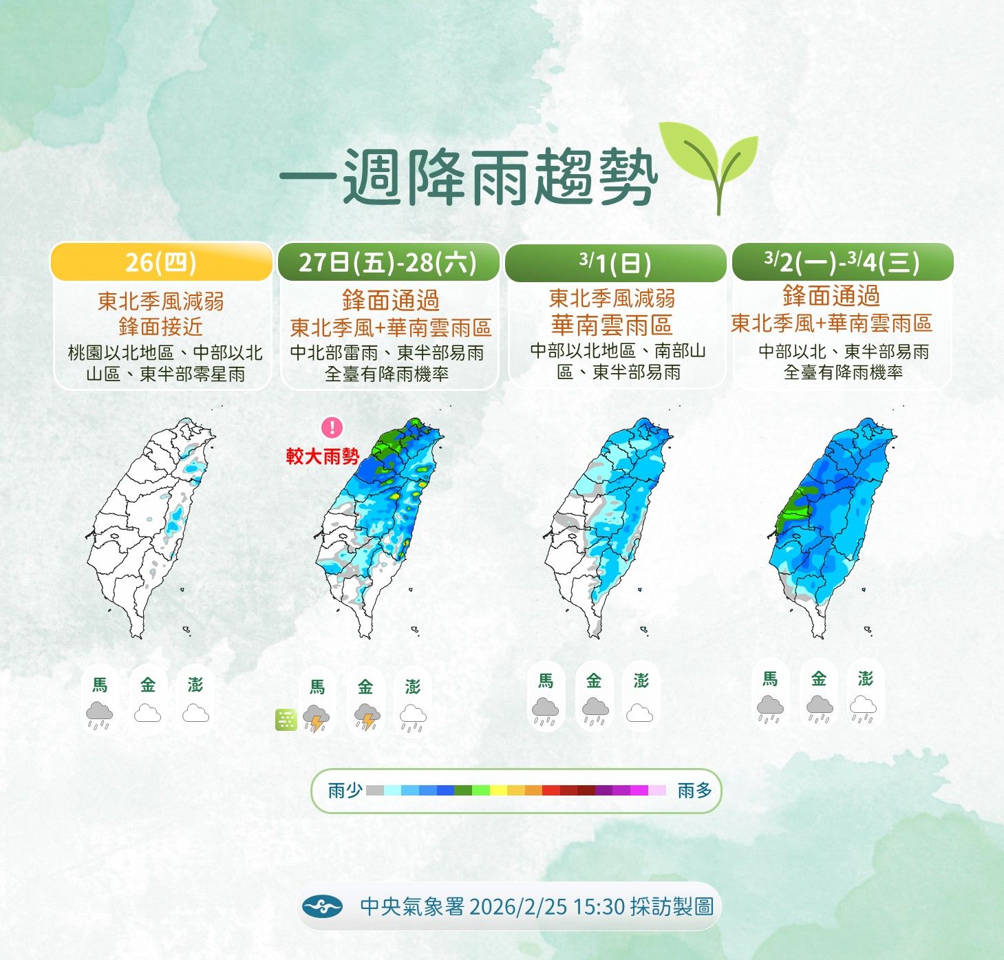228連假、一周降雨趨勢。（圖／氣象署提供）