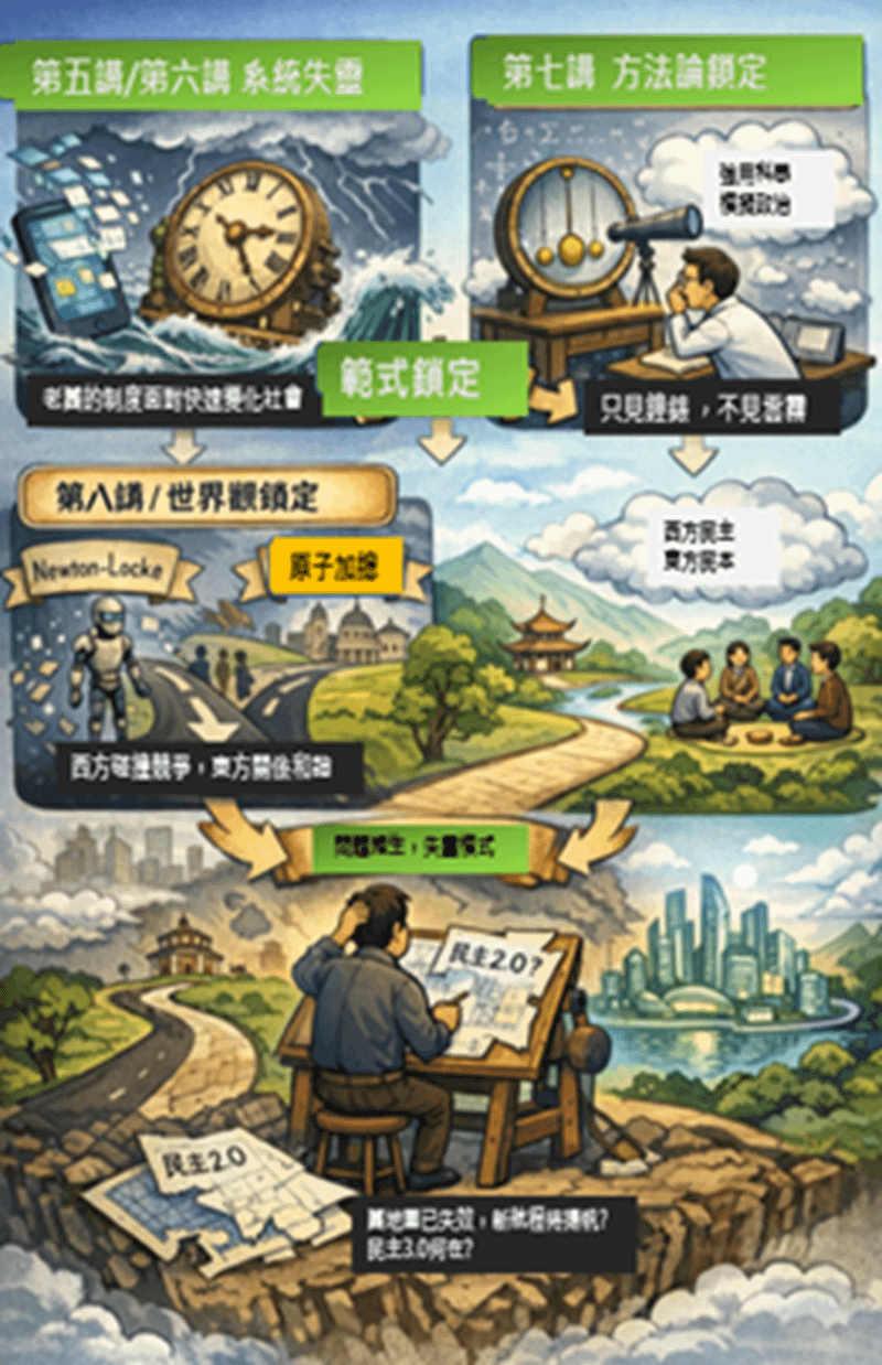 第二模組的四講，由系統失靈的現象到回歸歷史瞭解起印，進而企圖在新航程中找出民主3.0的指南針。（本圖由作者與chatGPT 合作完成）。