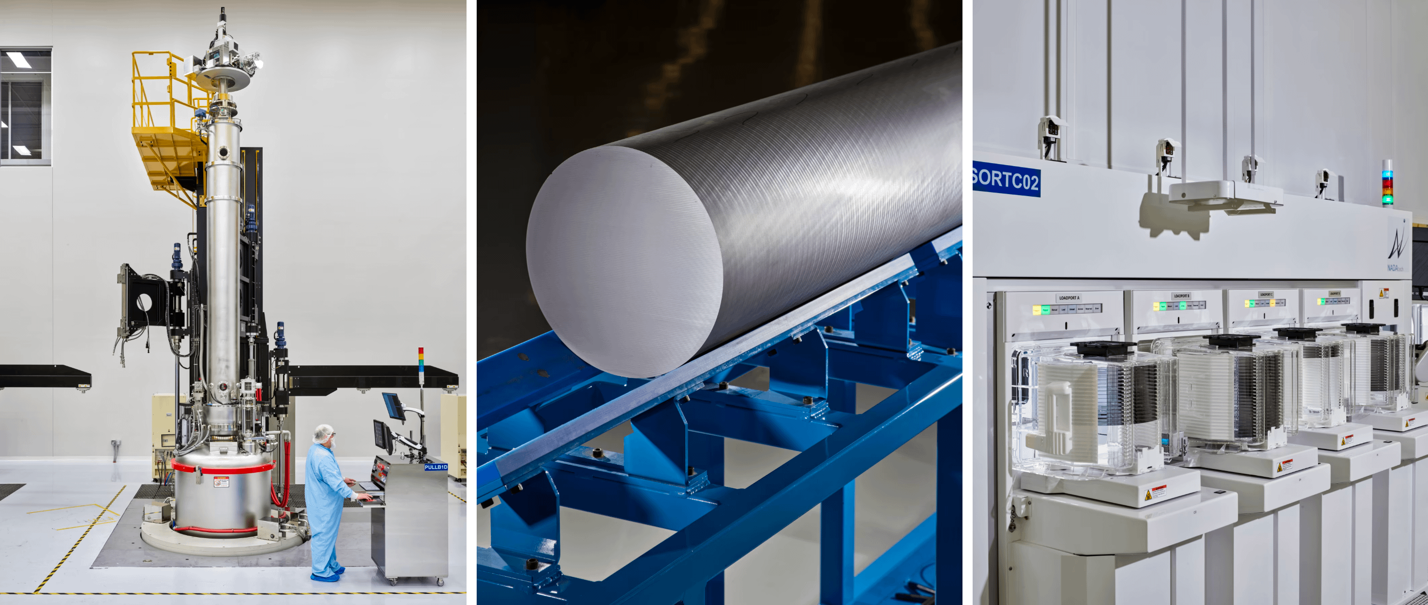 作為矽晶圓製造工藝的第一步，矽石在高溫爐中熔化。中圖：經過研磨和開槽的矽錠。右圖：晶圓分選設備。（Christopher Payne for WSJ）