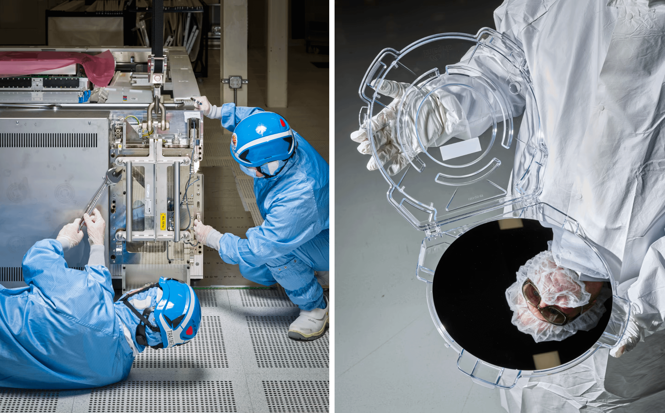 左圖，菲尼克斯阿斯麥培訓中心的工人正在處理EUV光刻機的一個部件。右圖，一片成品矽晶圓具有鏡面般的表面。（Christopher Payne for WSJ）