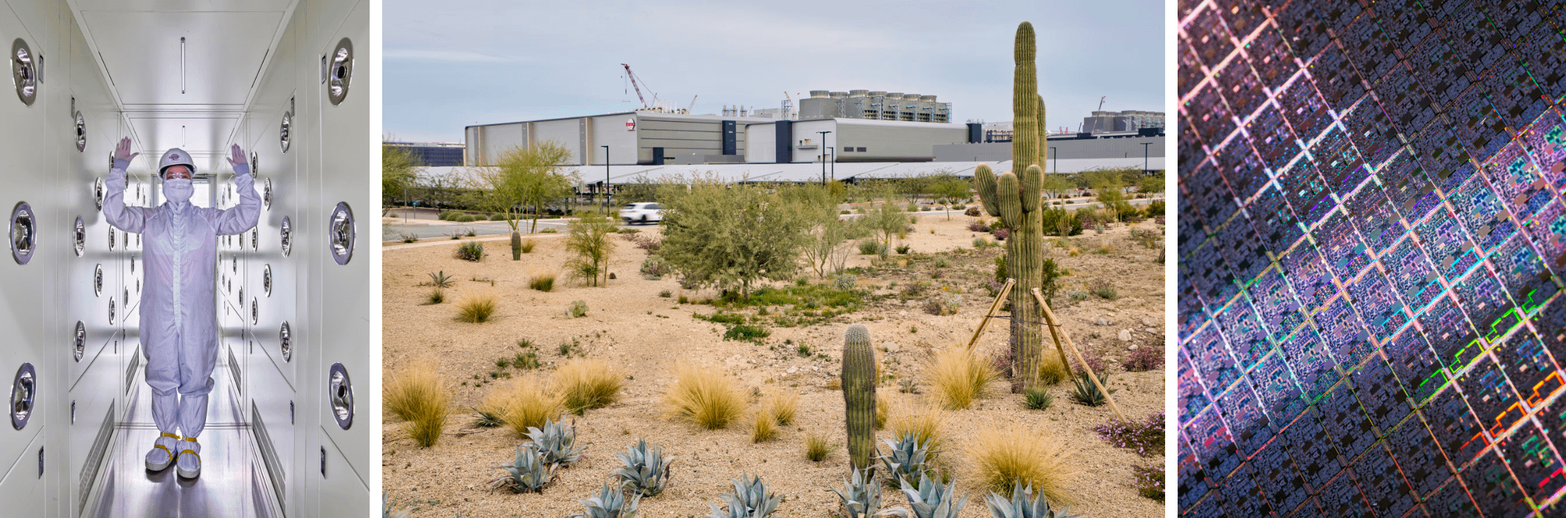 左圖：一名員工在進入台積電潔淨室前通過風淋室。中圖：菲尼克斯的新建工程。右圖：在該廠蝕刻到矽晶圓上的蘋果A16晶片。（Christopher Payne for WSJ）