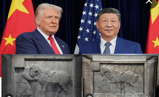 作者認為，若美國總統川普若將藏於美國賓州大學博物館的中國國寶、唐代 石刻極品---唐太宗『昭陵二駿』返還中國，將是川習會時最好的禮物。圖左 下為颯露紫、右下為拳毛騧。(圖/維基百科+作者合成)