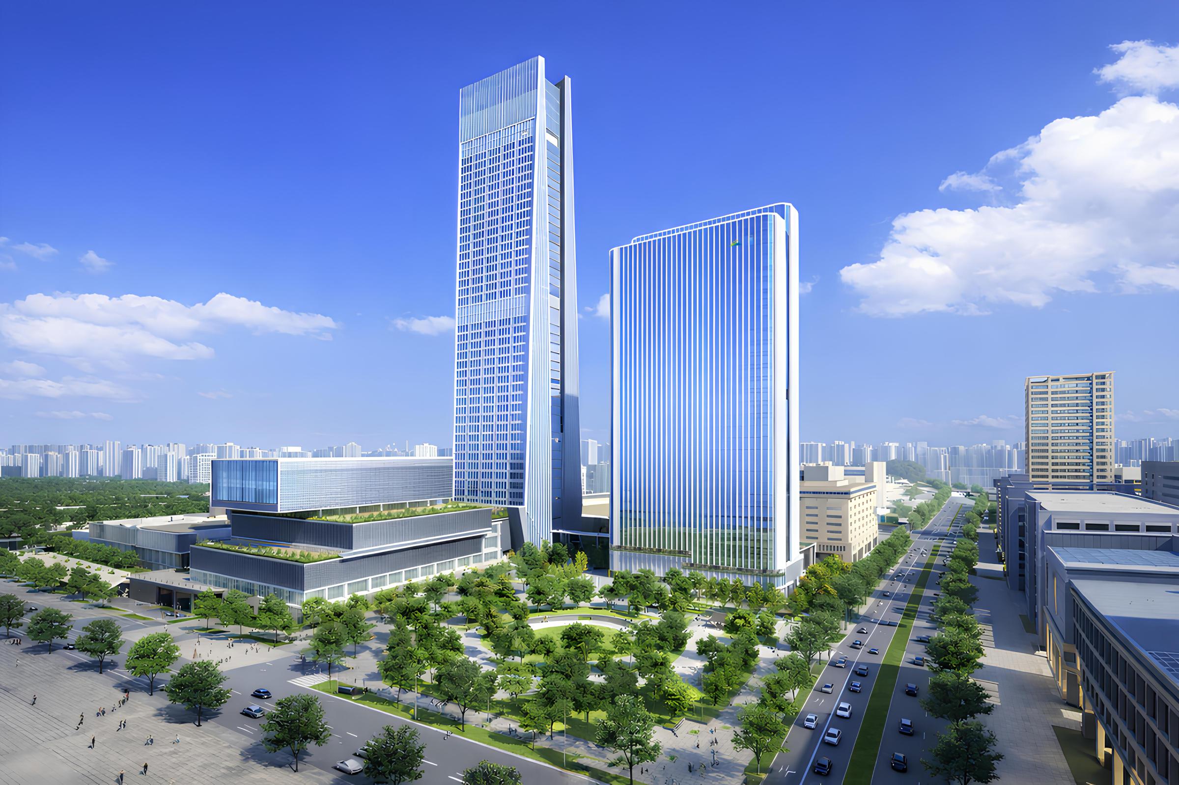 南山信義A26（圖中右）之3D示意圖，圖中左為臺北南山廣場。（南山人壽提供）