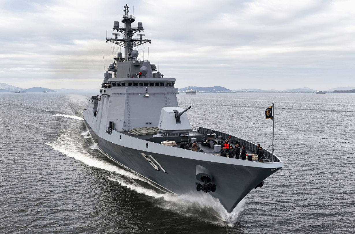 北韓海軍最新型「崔賢級」5000噸驅逐艦出海進行測試。（翻攝自勞動新聞官網）