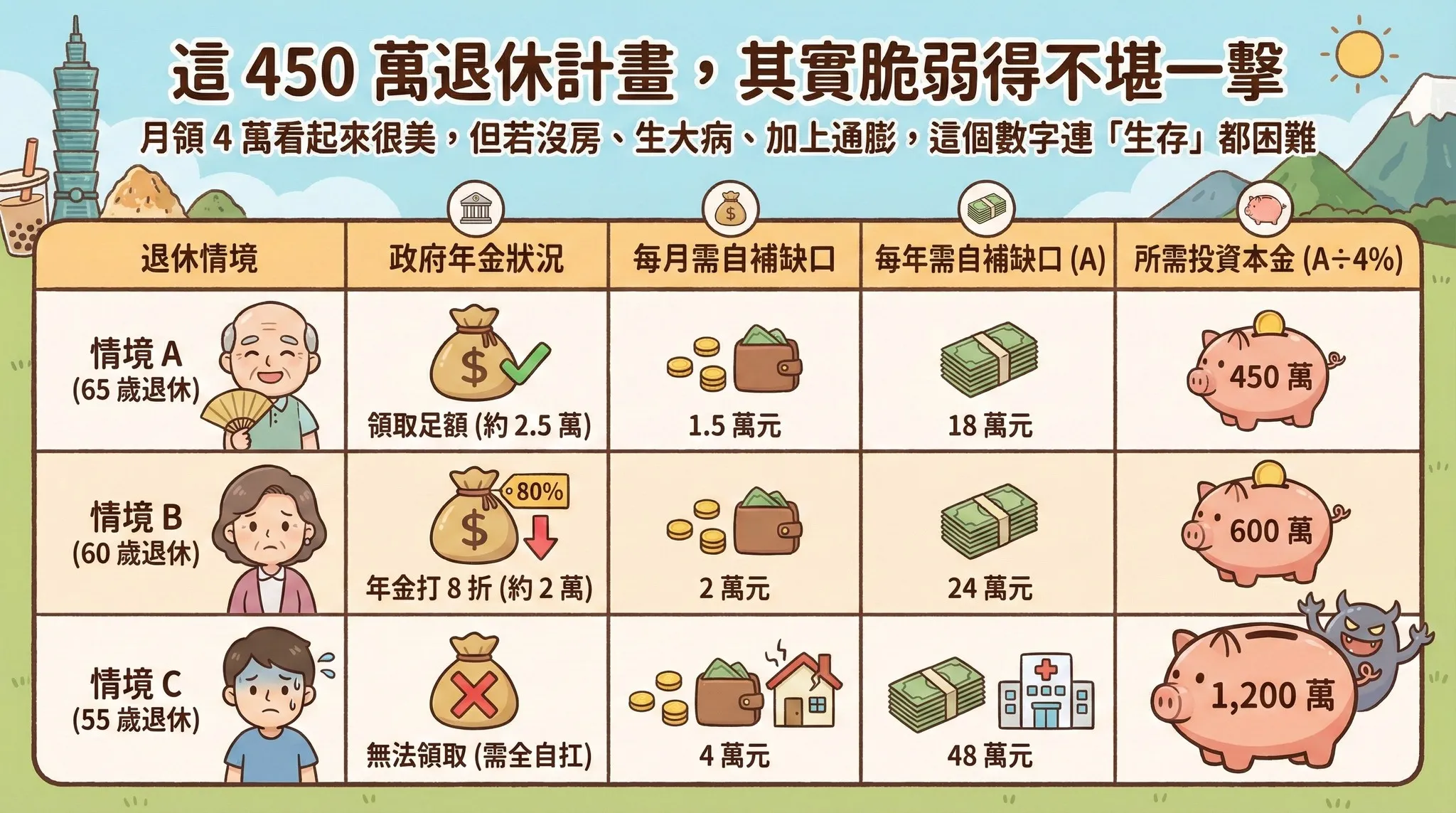 55至65歲退休的本金、投資金額要多少。（圖／雨果的投資理財生活觀提供）