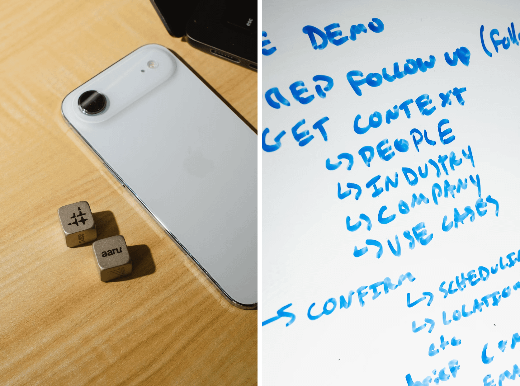 印有Aaru標誌的骰子；白板上手寫的會議摘要。（圖片來源：華爾街日報）