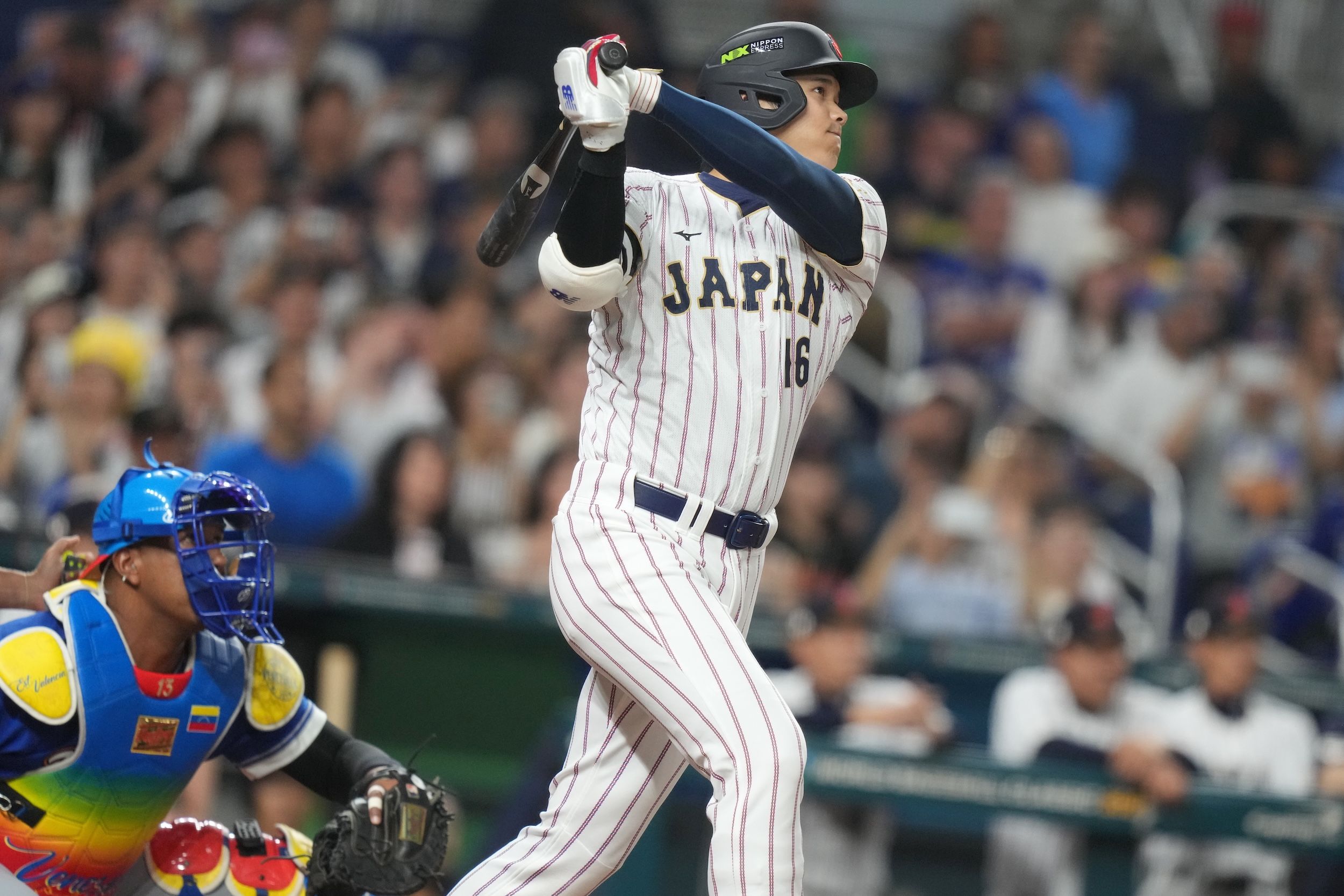 2026年3月14日，日本隊強打大谷翔平在日委大戰敲出追平比數的陽春全壘打。（美聯社）