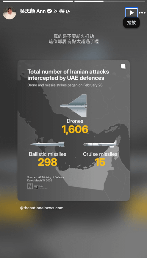 吳思顏轉發阿聯酋國防部的數據報告，直言「這位鄰居有點太超過了喔！」（圖／翻攝自吳思顏Ann臉書）