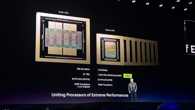 黃仁勳公布新推論晶片 輝達執行長黃仁勳在GTC大會公布新推論晶片NVIDIA Groq 3 LPU。中央社記者張欣瑜聖荷西攝115年3月17日