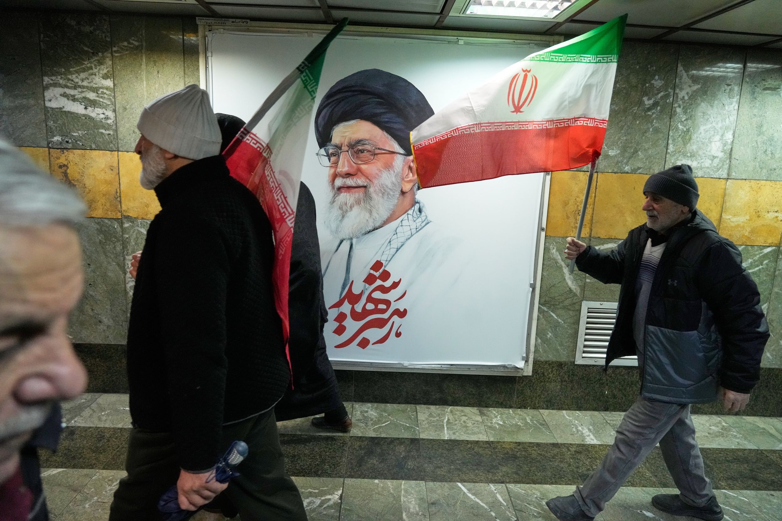 Portrait of Supreme Leader Khamenei displayed in a Tehran metro station on March 13, 2026. (Associated Press)