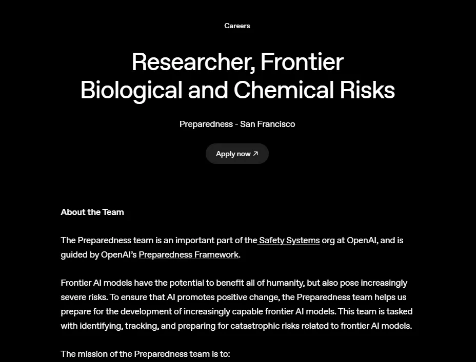 ChatGPT開發商OpenAI開出高薪，欲聘請一名「生物與化學風險」研究員。（翻攝自官網）