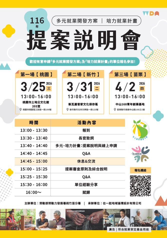 桃竹苗分署分別於桃園、新竹及苗栗辦理三場次的「多元及培力就業計畫」提案說明會 ，鼓勵民間團體提出具創意性、地方性及發展性的計畫，共同創造在地就業機會。（圖／勞動力發展署桃竹苗分署提供）