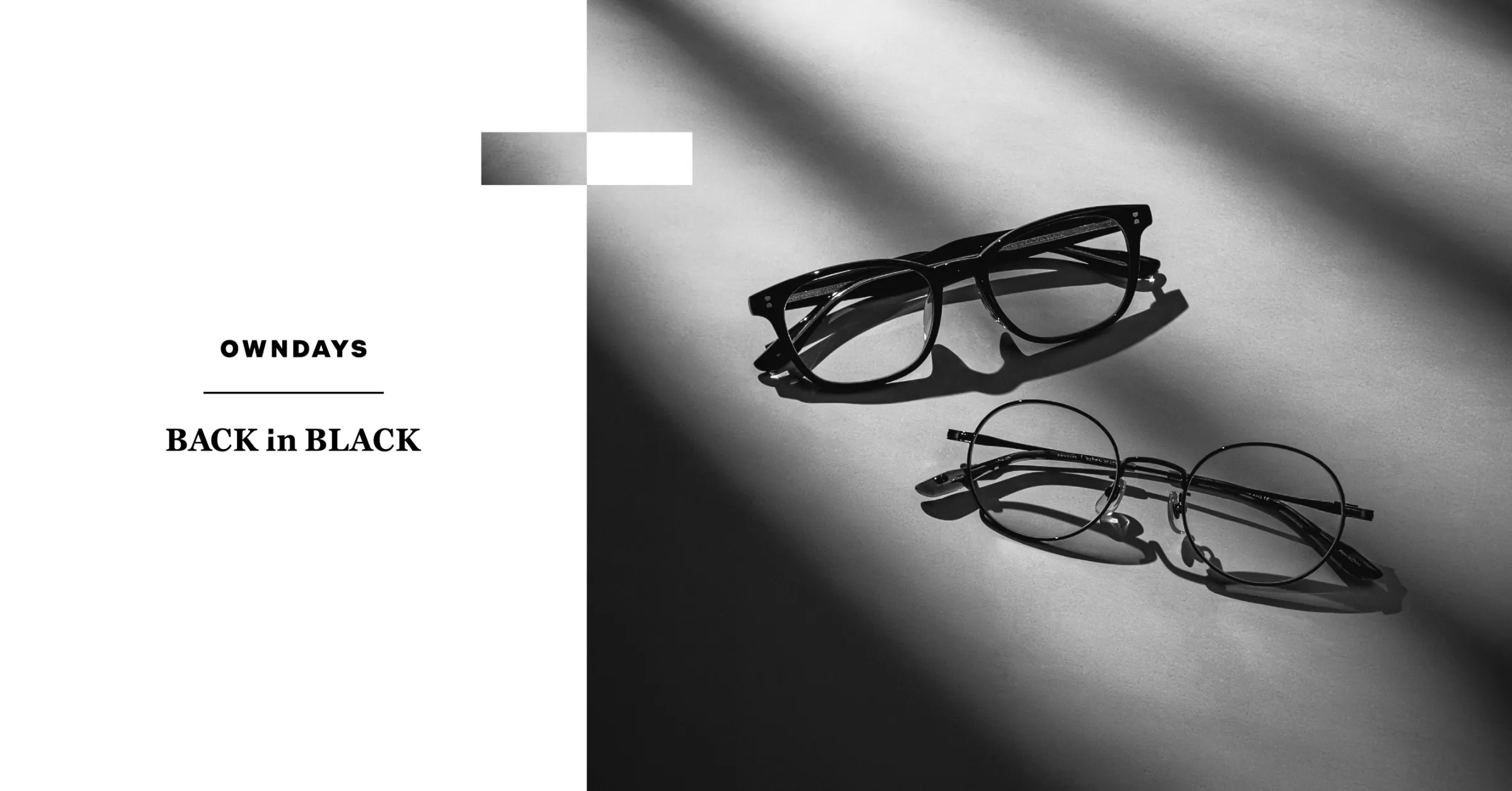 形象主打「BACK in BLACK」系列全新作品，精選「煙青綠」與「冰河灰」鏡片搭配。（圖／OWNDAYS提供）