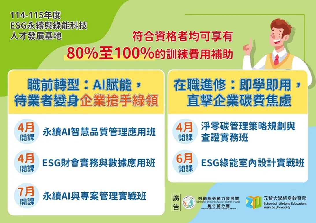 桃竹苗分署與元智大學合作開課，培訓ESG科技人才，即日起報名。（圖／勞動力發展署桃竹苗分署提供）