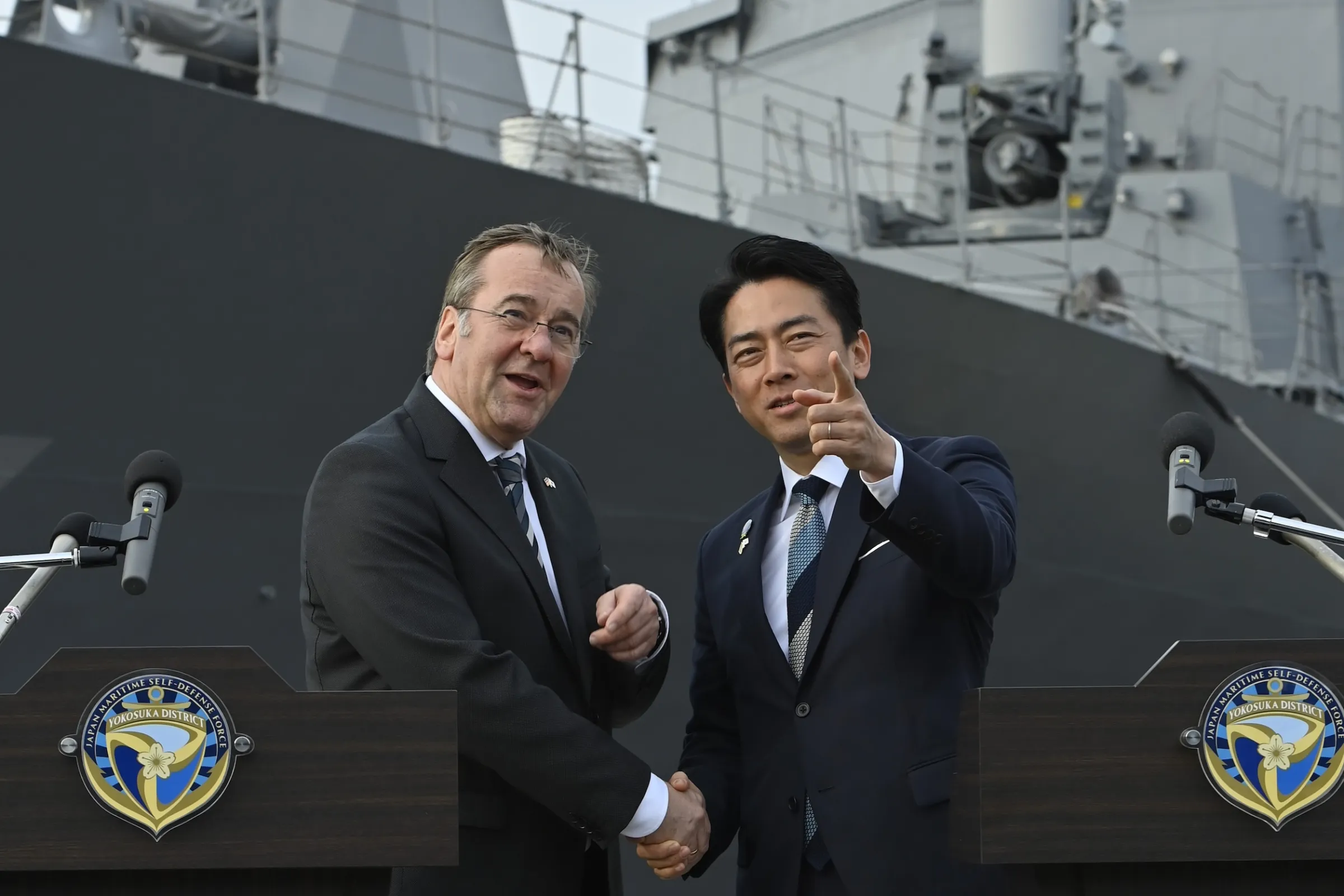German Defense Minister Boris Pistorius (left) and Japanese Defense Minister Shinjiro Koizumi (right) hold a joint press conference at Yokosuka Naval Base on March 22, 2026. (Associated Press)