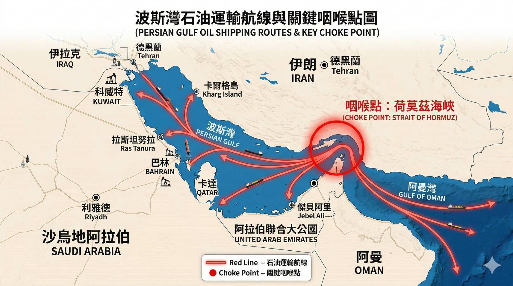 波斯灣掌控全球極高比例的每日可流動原油運輸，一旦美伊戰火封鎖此區域，原油斷鏈將引發嚴重的全球通膨危機。（Gemini製圖）