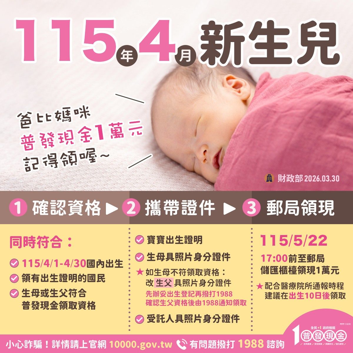 普發一萬元新生兒領取方式。(圖/取自財政部臉書)