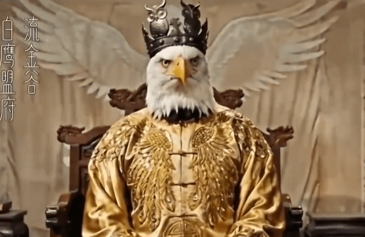 《流金谷恩仇錄》中，「白鷹盟」盟主（美國總統）掌握天下至寶「玄鐵髓」（石油資源），並規定只能以「白鷹金票」（美元）做交易。（取自央視網）