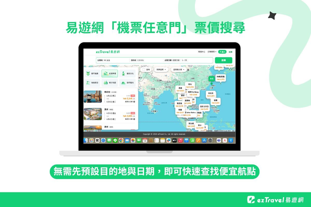 易遊網全新「機票任意門」搜尋功能，無需先預設目的地與日期，即可快速查找便宜航點。（易遊網提供）