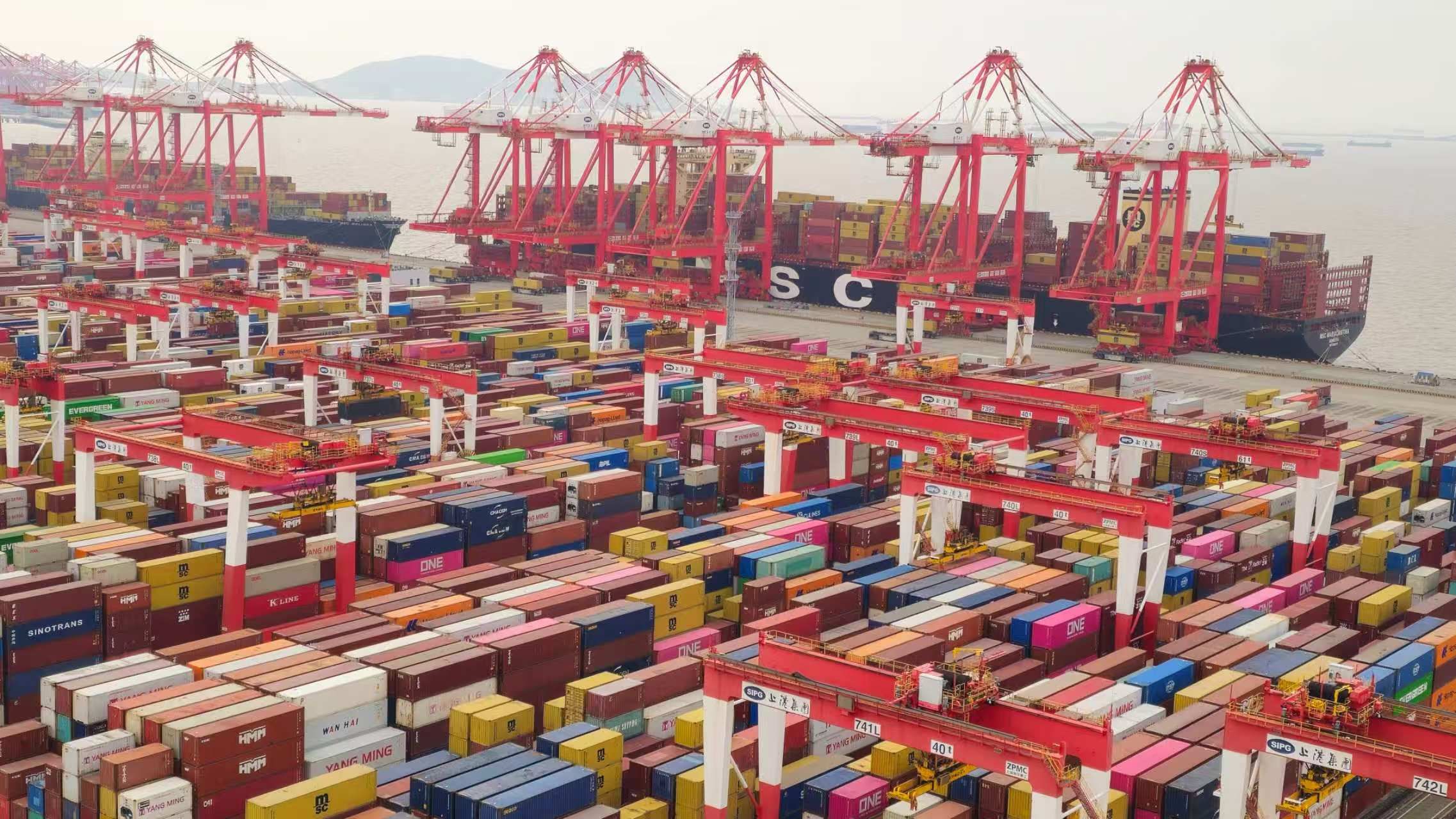 國民黨主席鄭麗文率團訪問中國大陸，2026年4月9日上午參訪上海洋山港。（楊騰凱攝）