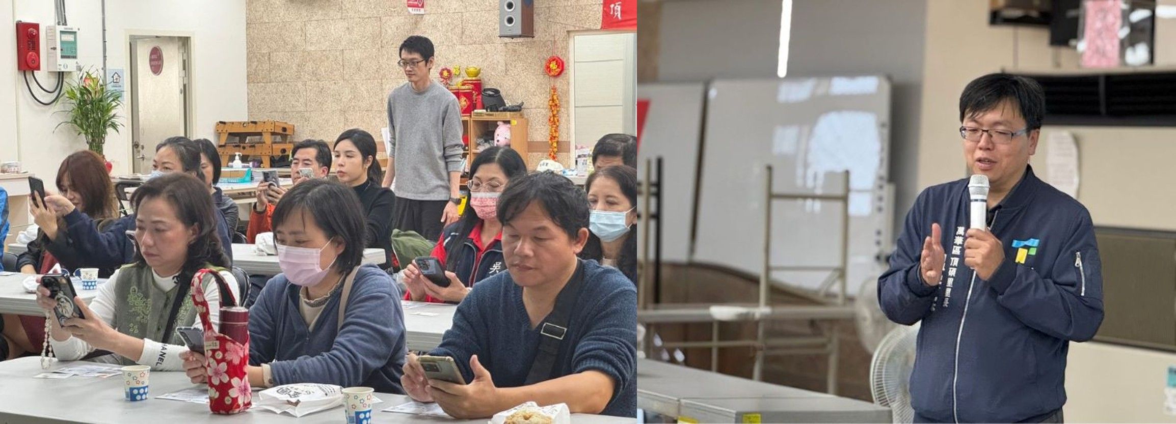 圖說 (左) 里長們於說明會現場實際操作揪里嗨數位工具，體驗如何簡化行政流程。(右)萬華區頂碩里溫宗霖里長於揪里嗨服務推廣說明會致詞，分享數位化願景與基層經營經驗。(圖揪里嗨)