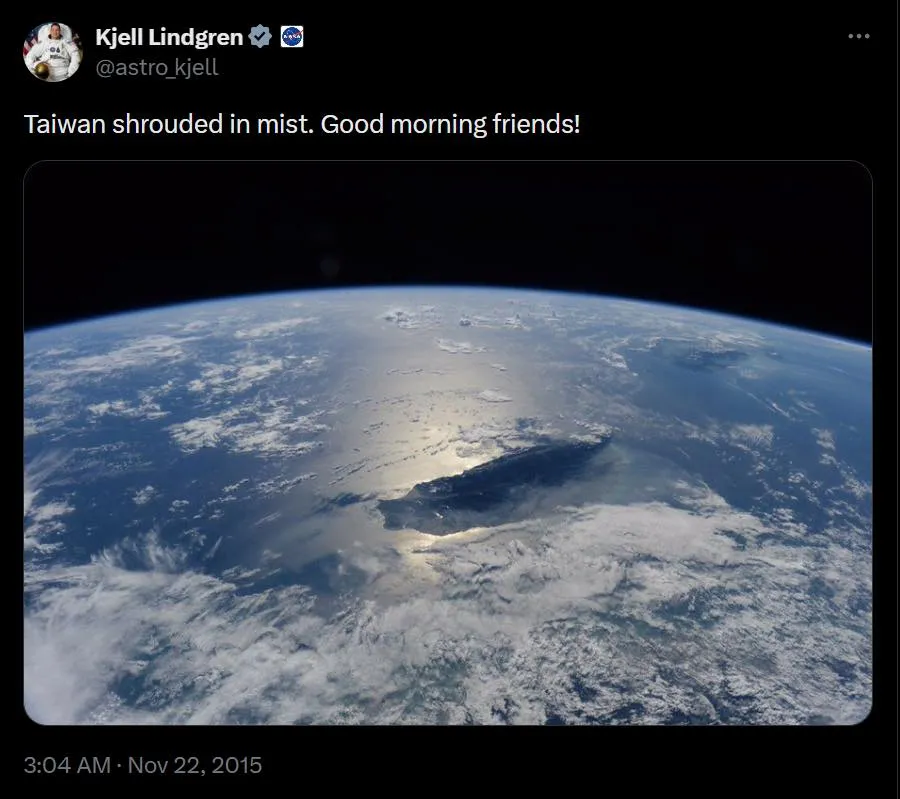 林琪兒醫師於2015年執行太空任務時，從國際太空站拍攝了雲霧繚繞的美麗台灣，並於個人社群媒體與大眾分享。（圖／取自美國在台協會臉書）