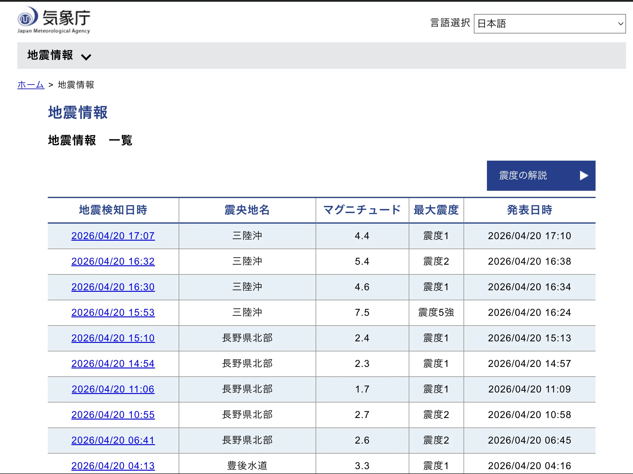 2026年4月20日，日本三陸沖發生規模7.5強震。（翻攝日本氣象廳）