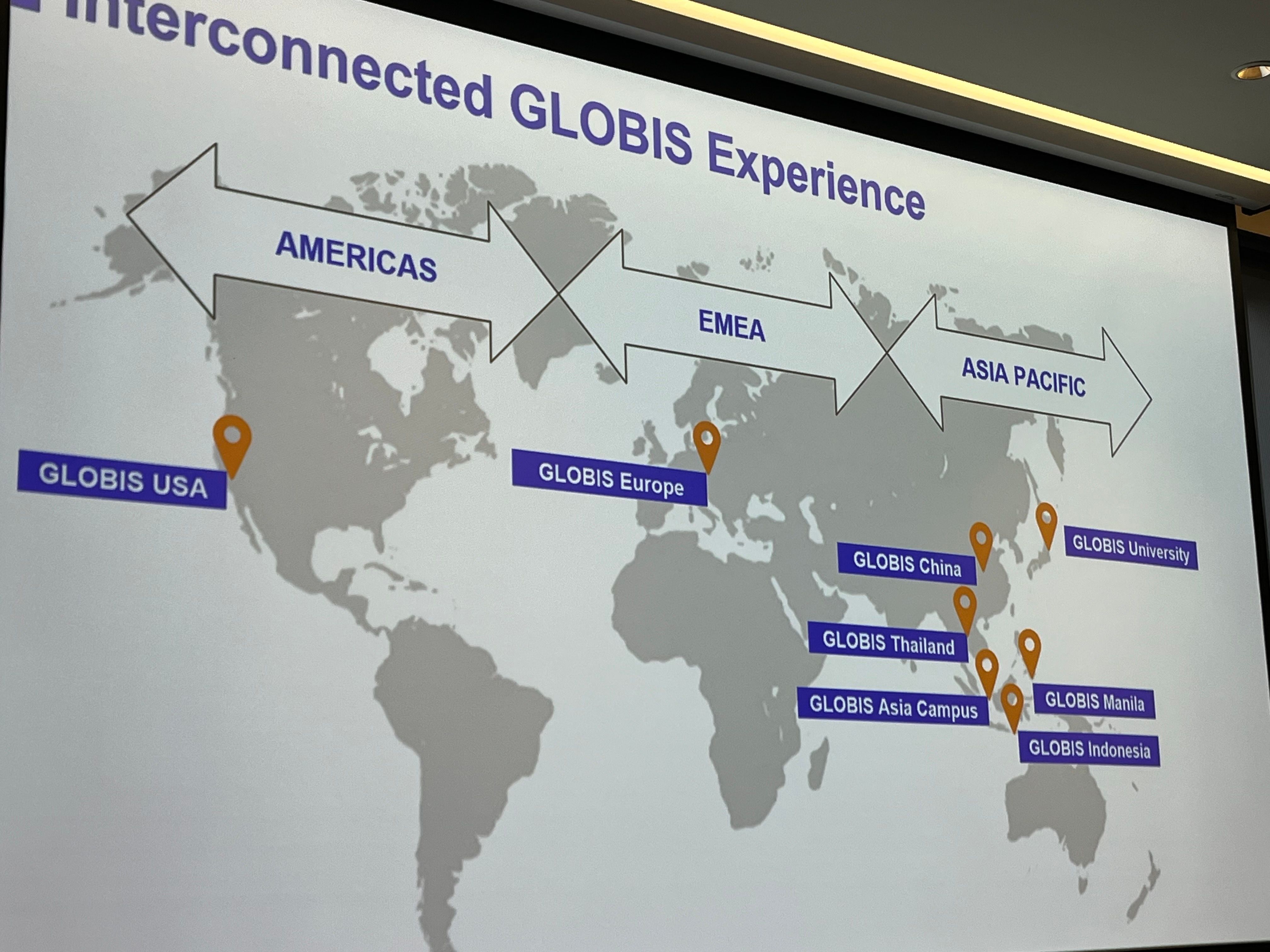 日本最大商學院Globis University的全球據點示意圖。（劉煥彥攝）