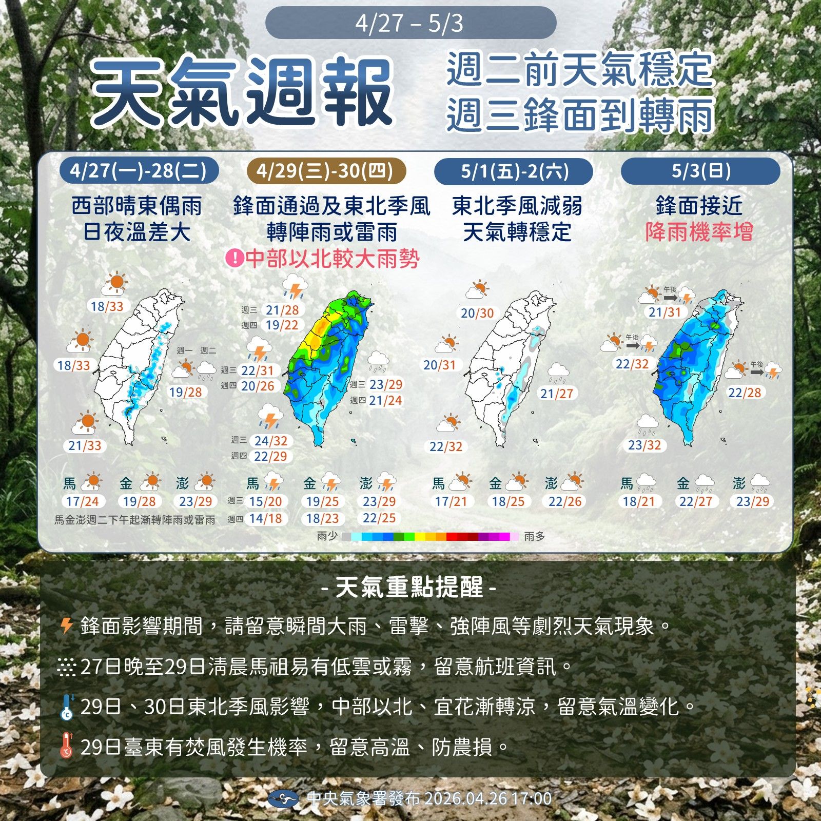 一週天氣預報。（圖／中央氣象署提供）