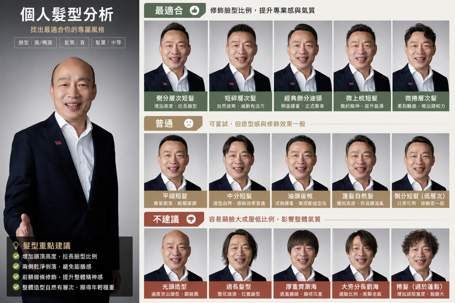 ChatGPT認為韓國瑜適合剪經典油頭、側分層次短髮等髮型，剃光頭則不推薦。（圖／風生活製圖）