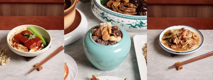 左起：分別為「胭脂東坡肉」、「一品花膠佛跳牆」、「酸菜醬爆脆三鮮」色香味俱足。