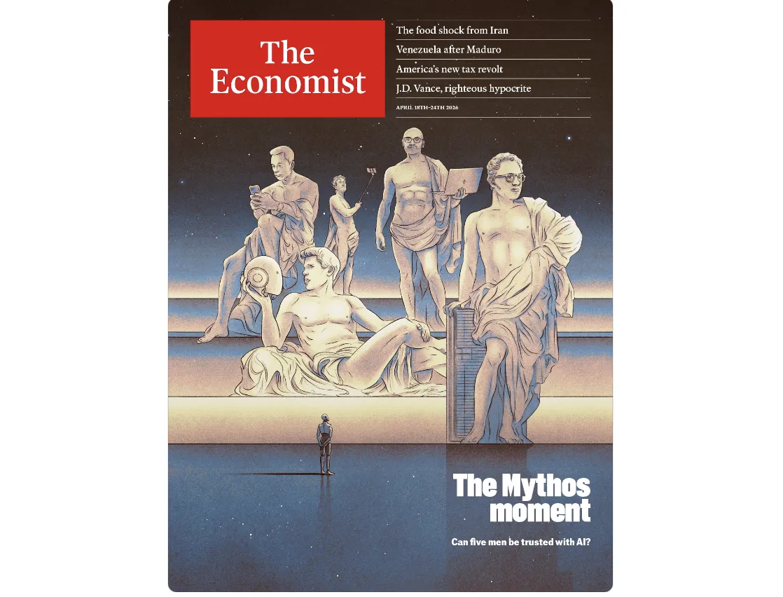 《經濟學人》近期封面聚焦Anthropic新AI模型Mythos，可以快速找出軟體系統漏洞，甚至具備協助發動攻擊能力，被視為AI時代的「數位核武」。（截自經濟學人官網）