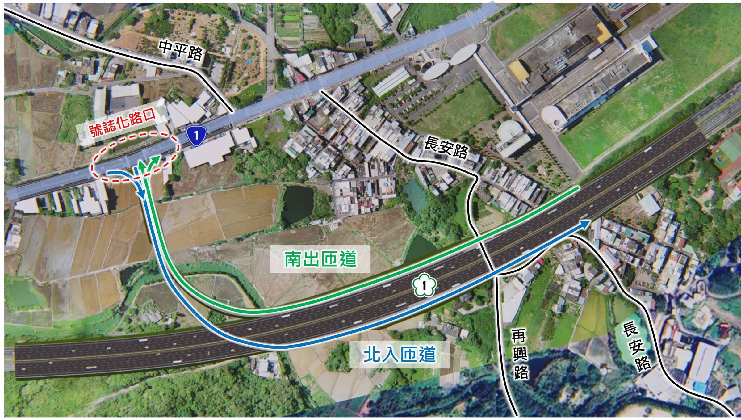 湖口增設交流道南出北入匝道路線圖。（圖／新竹縣政府提供）